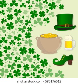 Pot of gold, beer mug, hat and clover vector illustration