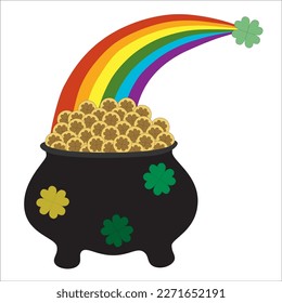 Pot with gold clover coins and rainbow for St.Patrick's Day.