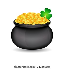 Pot of gold with clover isolated white. St. Patrick's day. EPS10 vector