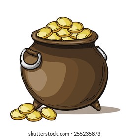 Pot with gold coin for Patrick's day. Vector illustration.