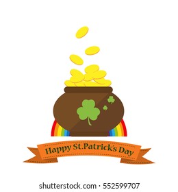 Pot with gold coin for Patrick's day. vector illustration pot with coins isolated on white background. Treasure golden coin luck irish wealth patrick sign.