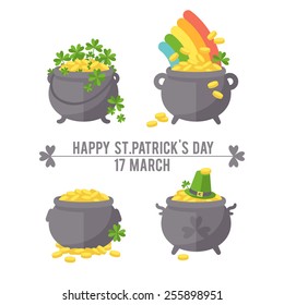 Pot with gold coin for St. Patrick's day. Vector illustration. Set.