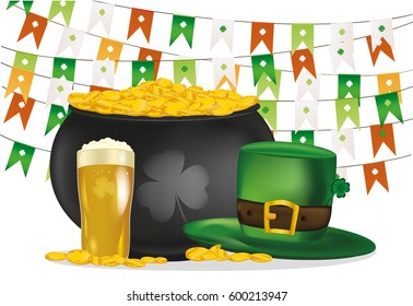 Pot of gold coins against the background of green flags. Hat and beer for St. Patrick's Day. Invitation or greeting card for the holiday. Free space for text or advertising. Vector.
