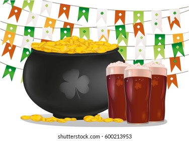 Pot of gold coins against the background of green flags. Glasses with a red beer for St. Patrick's Day. Invitation or greeting card for the holiday. Free space for text or advertising. Vector.