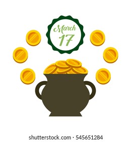 pot with gold coins around over white background. Saint Patricks Day concept. colorful design. vector illustration