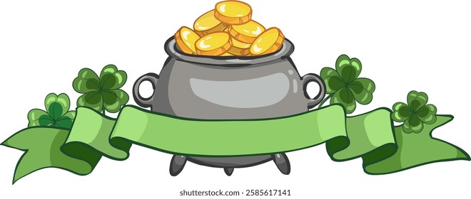 Pot of gold coins, banner and shamrock clover leaf. Saint Patricks Day illustration