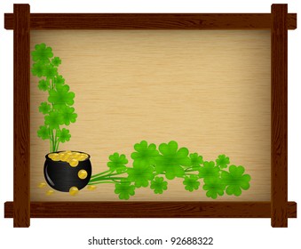 Pot of gold coins and branch clover in wooden frame