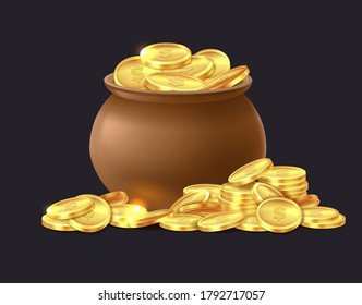 Pot of gold coins. Ceramic brown cauldron full of shiny golden coin, medieval mystery treasures for game luck and success symbol cartoon vector isolated illustration