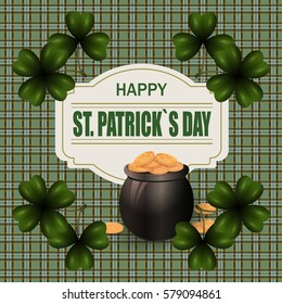 Pot with gold coins and clover image in the corners of the image. Welcome St. Patrick's Day inscription. Background in the cell in the Irish style. Vector illustration