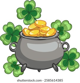 Pot of gold coins and clovers .  Saint Patricks Day illustration  with shamrock clover leaf