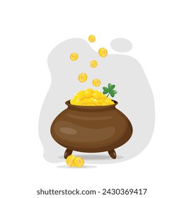 a pot with gold coins and green clover on a white and grey background. St. Patrick's Day concept