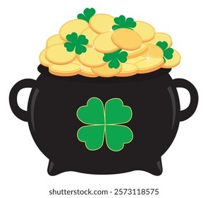 Pot of gold coins with green clover leaves, symbol of St's Patrick Day celebration. Vector illustration.