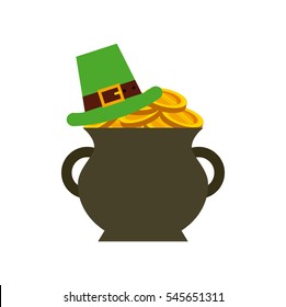 pot with gold coins and irish hat icon over white background.Saint Patricks Day concept. colorful design. vector illustration