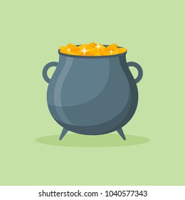 Pot of gold coins isolated on green background. Cauldron flat style icon. Vector illustration.