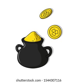 Pot with gold and the coins isolated on a white background. Vector cartoon illustration. Flat design.
