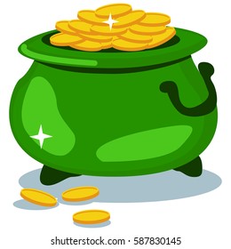 Pot Of Gold Coins Isolated On A White Background. Vector Cartoon Illustration For St. Patrick's Day.