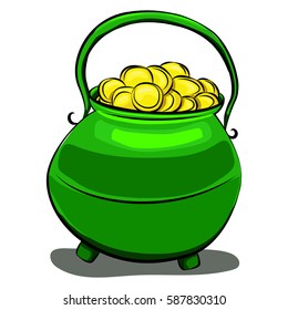 Pot of gold coins isolated on a white background. Vector cartoon illustration for St. Patrick's Day.