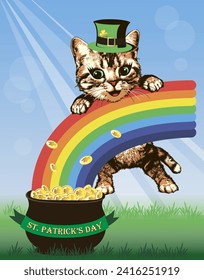 Pot of gold coins and kitten on rainbow. St Patrick's Day vector illustration.