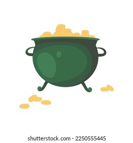 Pot with gold coins, leprechaun cauldron isolated on white background. St. Patrick's day element. Cartoon flat vector illustration for greeting cart, banner, flyer, web pages, social media.

