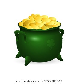 Pot of gold coins. Money in green pot of leprechaun. Can be used for topics like Saint Patrick day, Ireland, luck