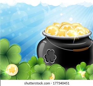 Pot with gold coins on abstract spring background. St. Patrick's Day abstract background