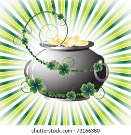 Pot of gold coins on the  abstract rays background