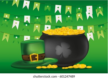 Pot of gold coins on a background of green flags. Hat for St. Patrick's Day. Invitation or greeting card for the holiday. Free space for text or advertising. Vector.