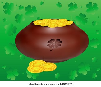 pot of gold coins on a background of green leaf clover