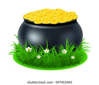 pot with gold coins on the grass with flowers