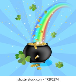 pot with gold coins and rainbow
