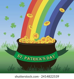 Pot of gold coins with rainbow and clover background. St Patrick's day.