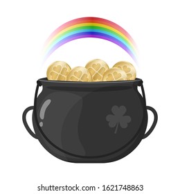 Pot with gold coins and rainbow icon. Good Luck, fortune, treasure symbol. Happy Saint Patrick's day concept. Vector image isolated on a white background