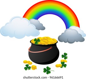 A Pot of Gold coins with Rainbow and Shamrock. Vector