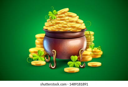 Pot with gold coins for Saint Patricks Day Holiday. Hidden treasures from Irish traditions. Green leaves of clover plant. Eps10 vector illustration.