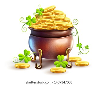 Pot with gold coins for Saint Patricks Day Holiday. Hidden treasures from Irish traditions. Green leaves of clover plant. Isolated on white transparent background. Eps10 vector illustration.