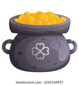 Pot with gold coins. Saint Patrick's Day cartoon illustration isolated on white.