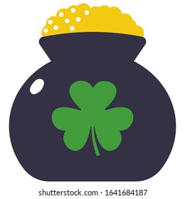 Pot with gold coins and shamrock leaf vector cartoon illustration isolated on a white background.