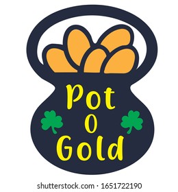 Pot of gold with gold coins and shamrock leaves 