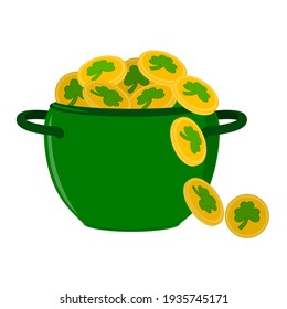 A pot of gold coins. Gold coins with a shamrock in a pot. A pot of St. Patrick's Day coins.