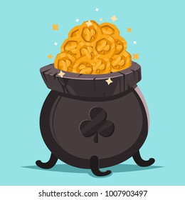 Pot Of Gold Coins And Shamrock. Vector Cartoon Icon For St. Patrick's Day Isolated On Background.