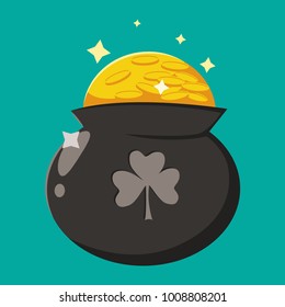 Pot of gold coins and shamrock. Vector cartoon flat icon for irish holiday isolated on background.