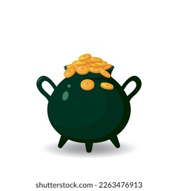 Pot of gold coins for St. Patrick's Day. Coins with clover in a pot on a white background.