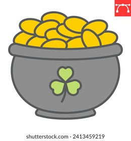 Pot of gold color line icon, St. Patrick's Day and holiday, cauldron with coin vector icon, vector graphics, editable stroke outline sign, eps 10.