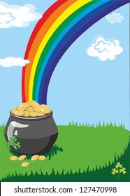 A pot of gold at the end of the rainbow with a colorful background and a place for text or imagery