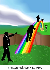 Pot of Gold at the end of the Rainbow Conceptual piece. Business people striving to reach a “Pot of Gold at the end of the Rainbow”. No meshes used. On separate layers for easy editing.
