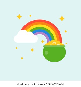 pot of gold at end of rainbow, st patrick's day flat design icon