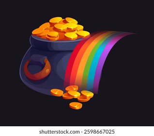 Pot of gold at the end of the rainbow st Patrick day symbol. Vector magical black cauldron overflowing with shiny gold coins with a vivid arching rainbow, symbolizing luck, wealth and Irish folklore