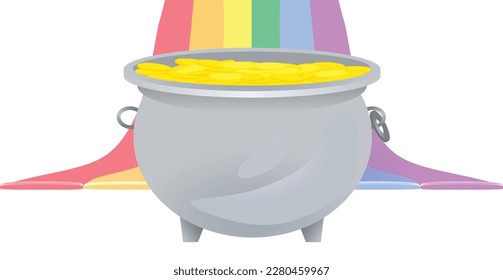 Pot with gold at the  end of rainbow, vector