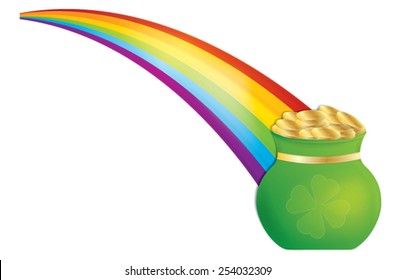 Pot of Gold at End of Rainbow Vector White Background Isolated