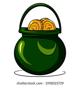 Pot of gold. A pot filled with gold coins. St.Patrick 's Day. Cartoon style. Illustration for design and decoration.